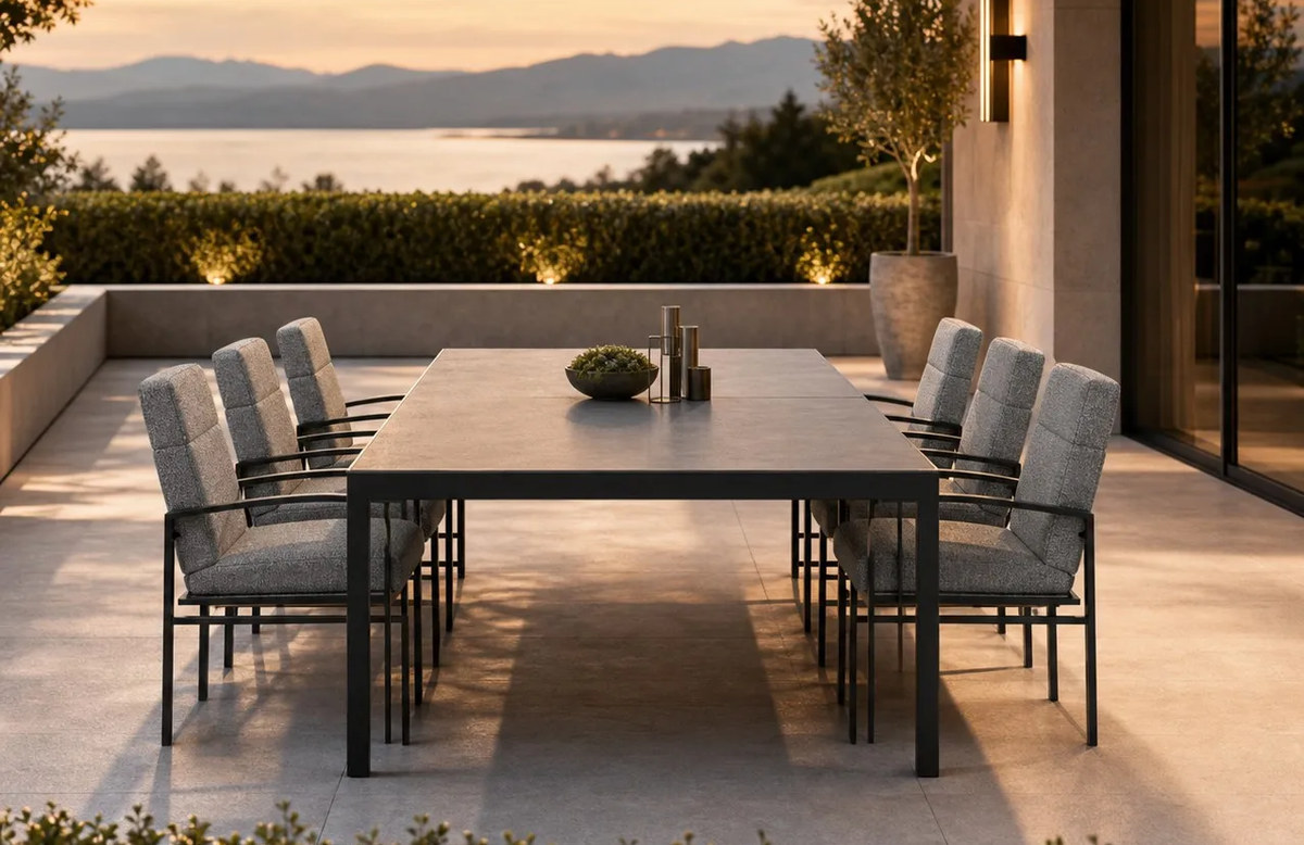 A matching contract dining set of six identical charcoal armchairs and one table set out on a hotel terrace at sunset, overlooking a lake and mountains