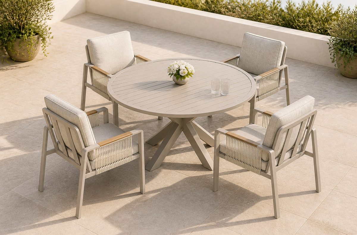 Round outdoor dining table with four rope weave chairs evenly spaced around it
