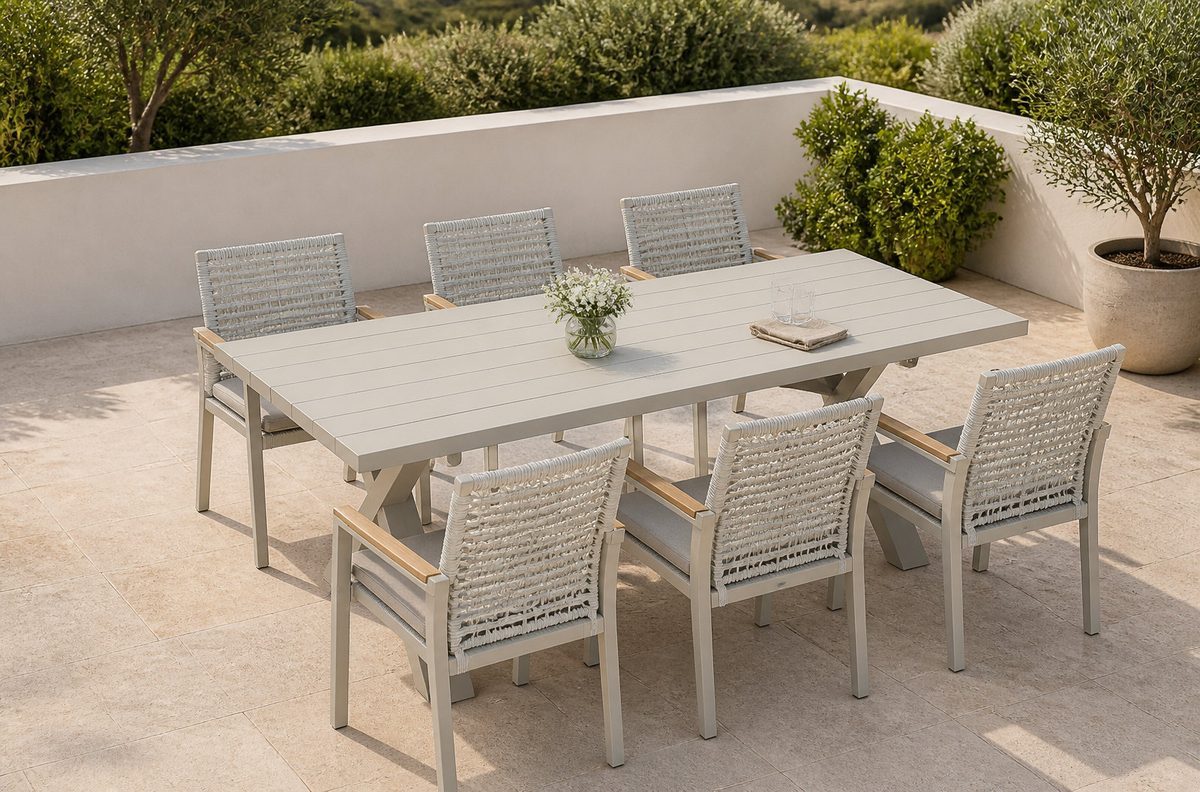 Rectangular outdoor dining table with six chairs set three to each side
