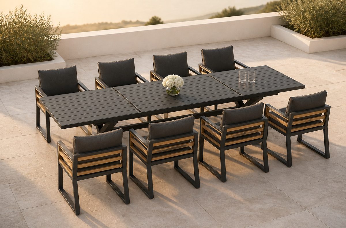 Extended outdoor dining table seating eight chairs, four to each side