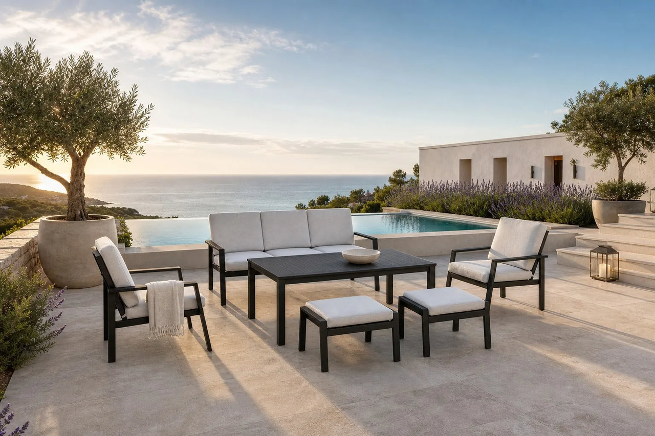 A garden lounge set and a dining set from the same range arranged on a hotel terrace overlooking the sea