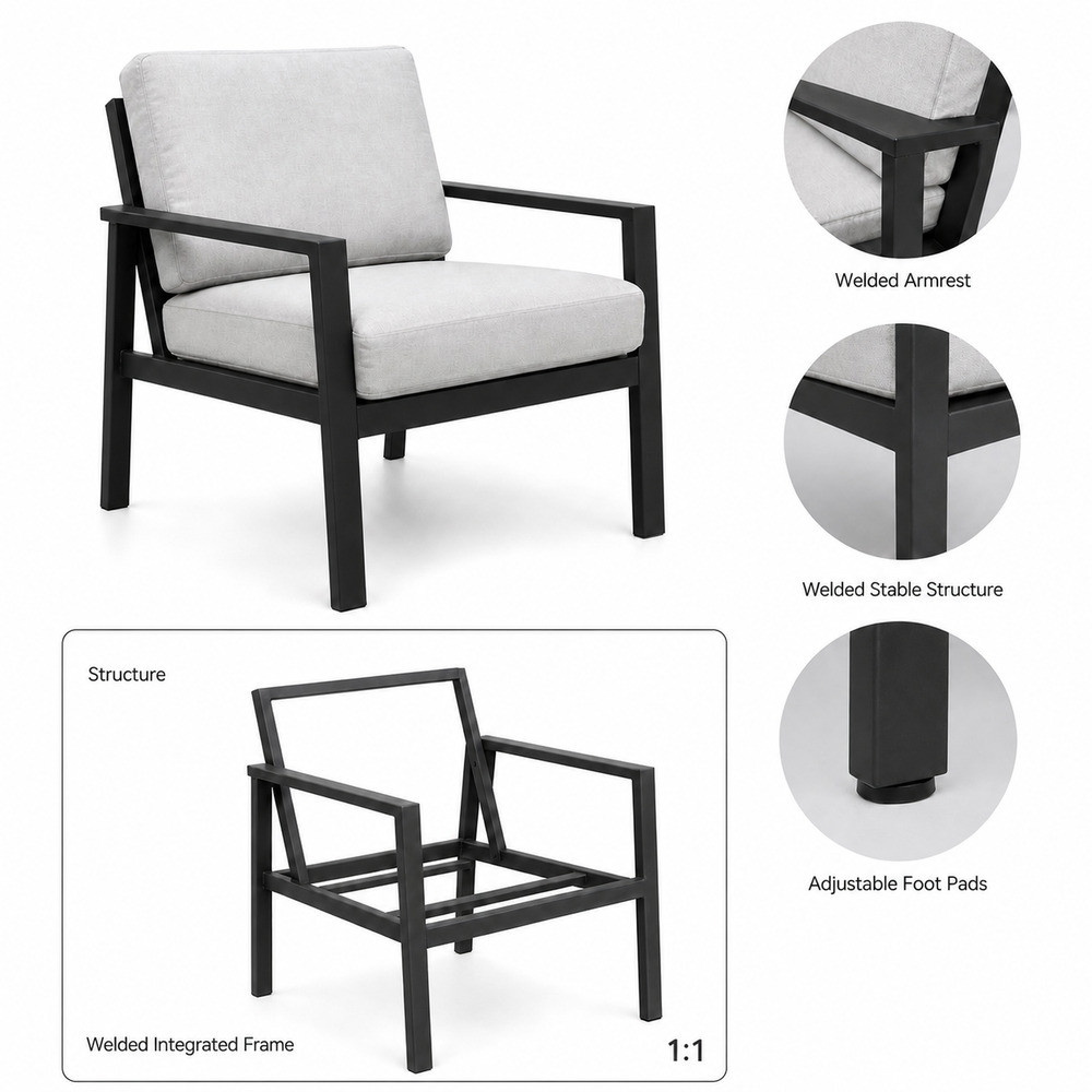 A charcoal aluminium outdoor armchair with its welded frame, welded armrests and adjustable foot pads shown in detail