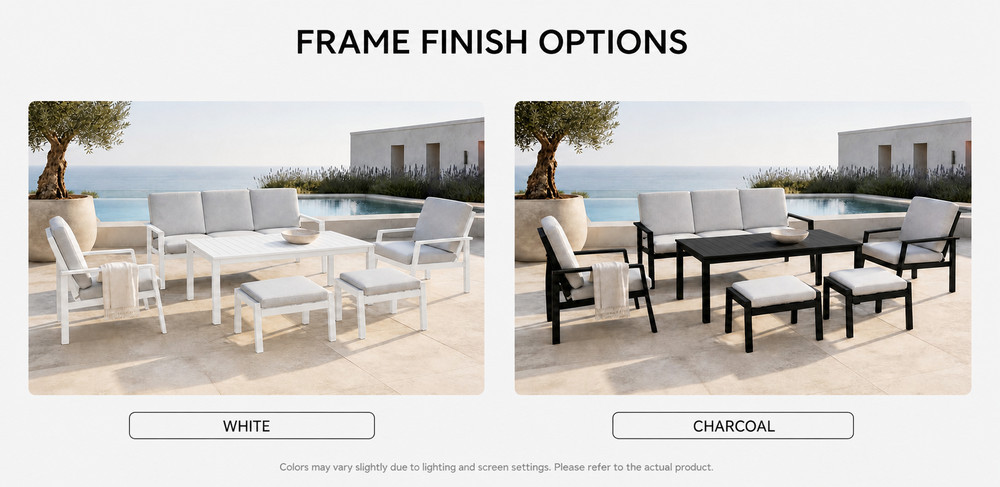 The same outdoor lounge set photographed twice side by side in a white and a charcoal powder-coated frame finish