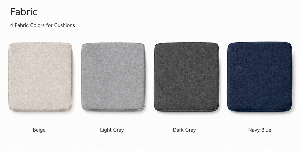 Four outdoor cushion colours shown side by side: beige, light grey, dark grey and navy blue