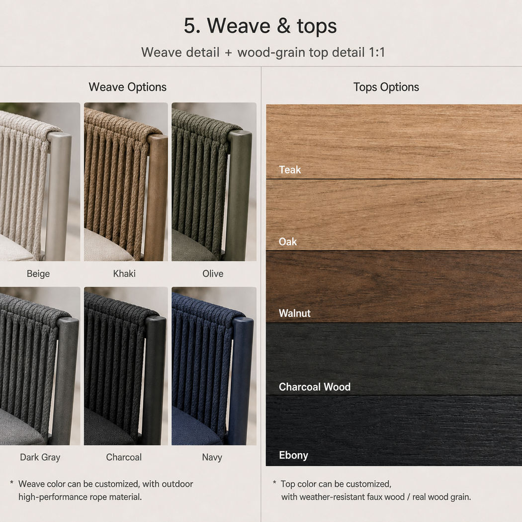 Rope weave colour options beside wood-grain table top finish options