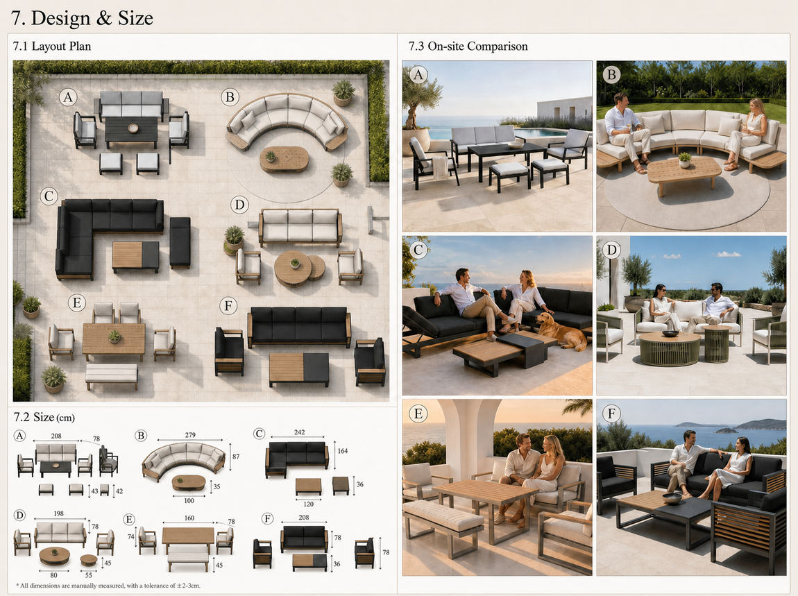 A terrace layout plan with each seating group numbered, the dimensions of each group in centimetres, and photographs of each configuration on site