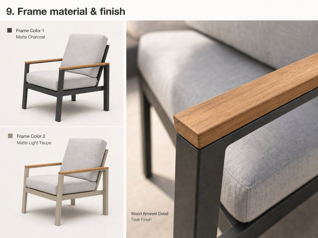An outdoor armchair in a matte charcoal frame and the same chair in a matte light taupe frame, beside a close-up of the teak-finish wood armrest detail