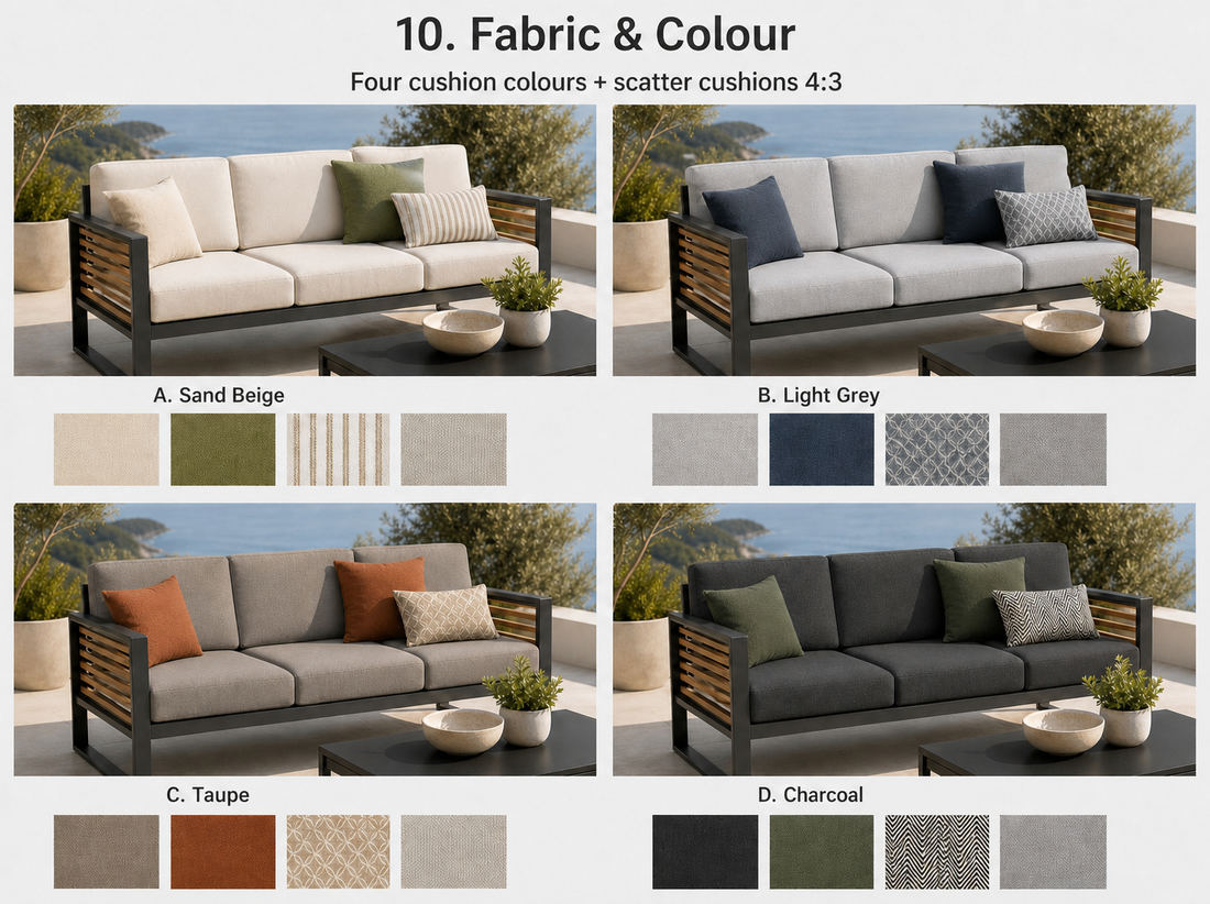 The same outdoor sofa shown in four cushion colours with matching scatter cushions