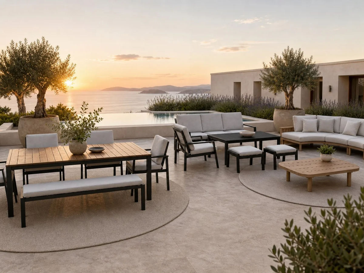 A hotel terrace at sunset with a dining table and bench beside a lounge set, both from the same range