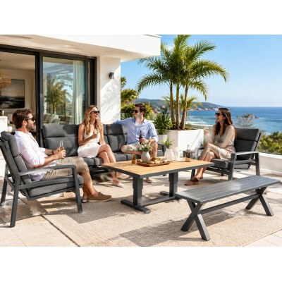 Aluminium Five-Piece Outdoor Lounge Set | Three-Seater, Two Armchairs, Coffee Table & Slatted Bench