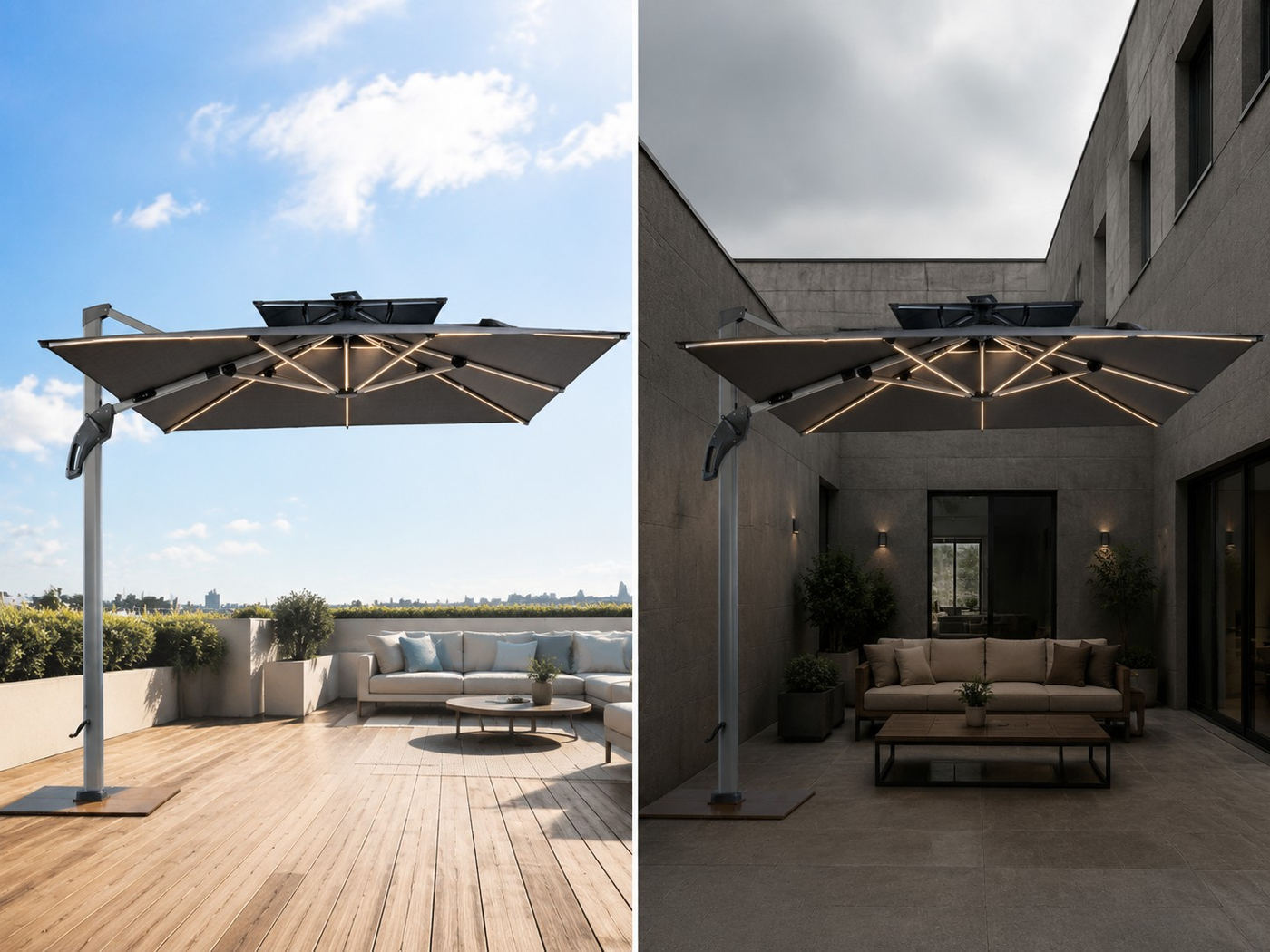 The same solar cantilever umbrella shown in two positions: an open sunlit rooftop deck on the left and a shaded inner courtyard on the right