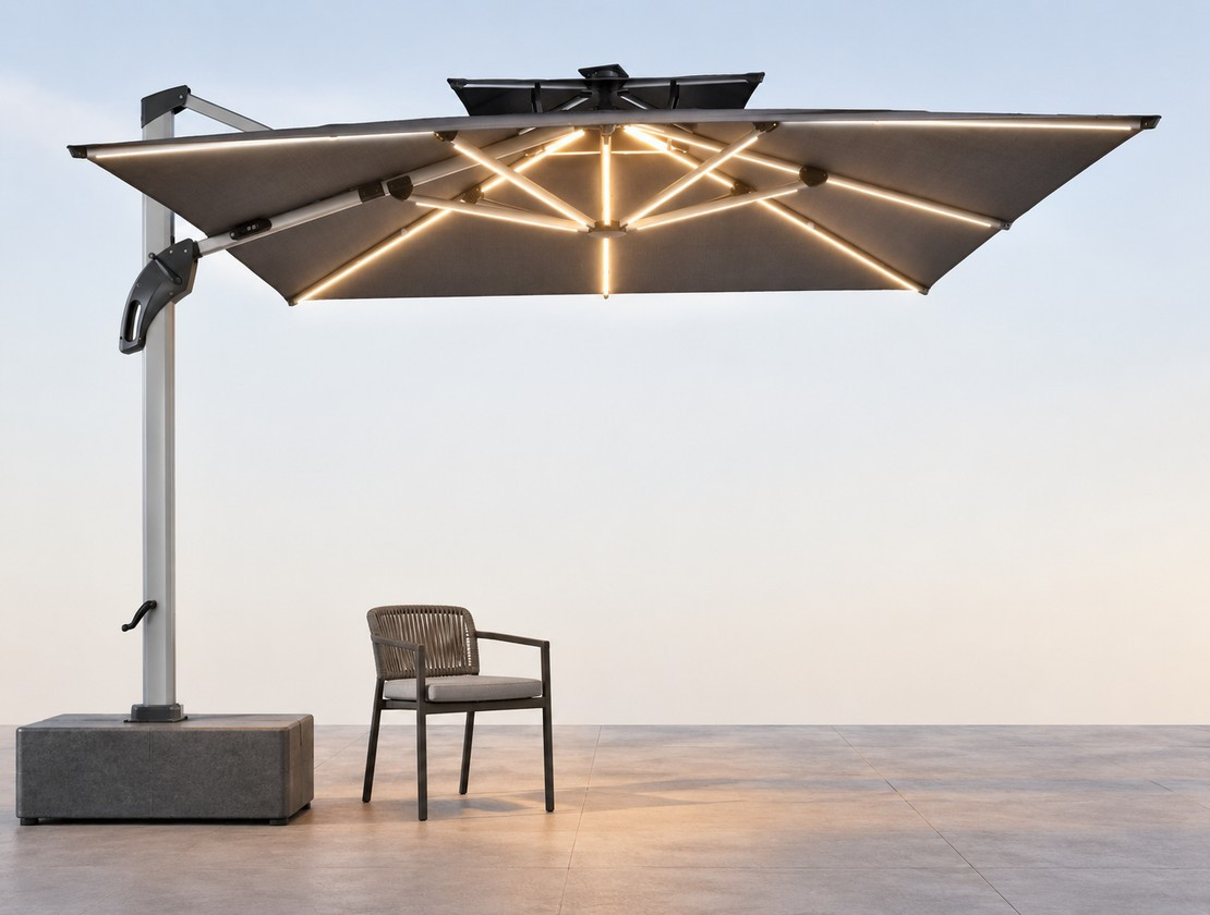 A lit cantilever umbrella on a weighted base with a rope-weave chair beside it for scale