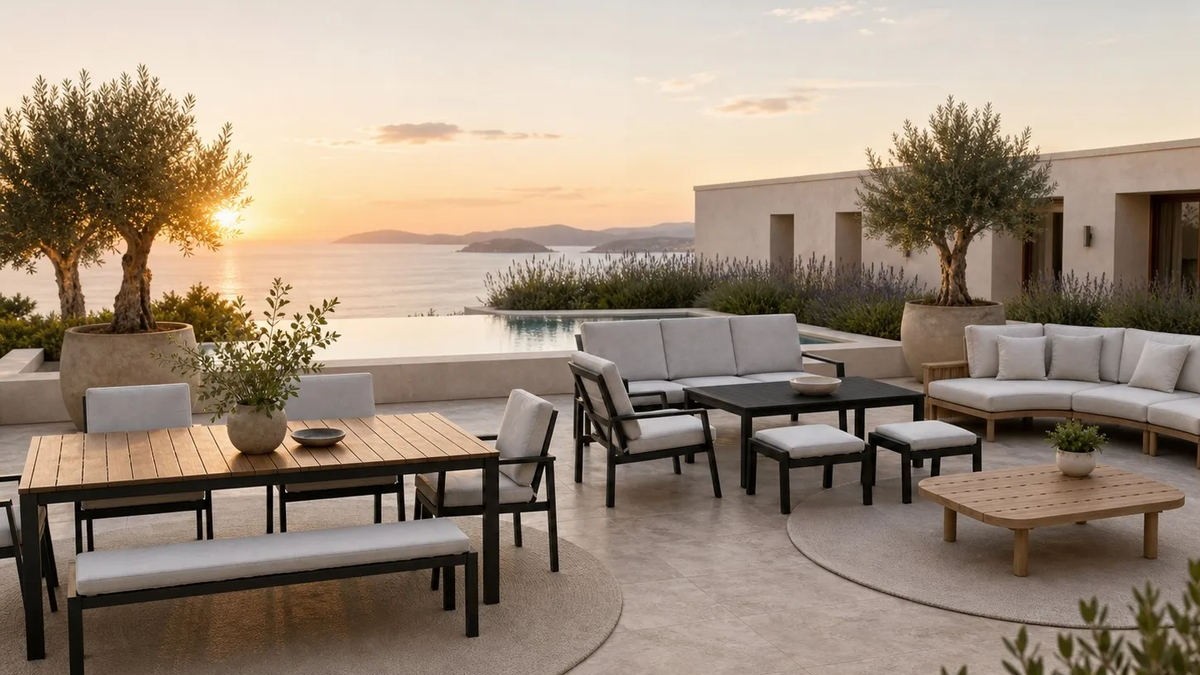 A branded outdoor furniture set on a hotel terrace at sunset, with a dining table, bench and lounge seating