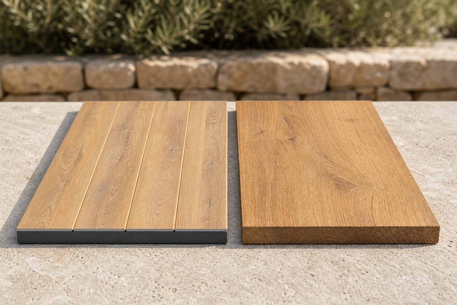 Wood-look aluminium profile beside real timber of the same size