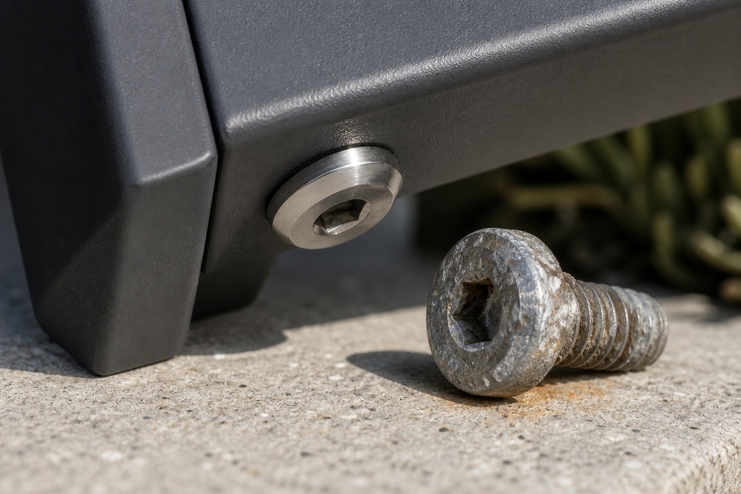 Stainless steel fixing at a frame joint on outdoor furniture