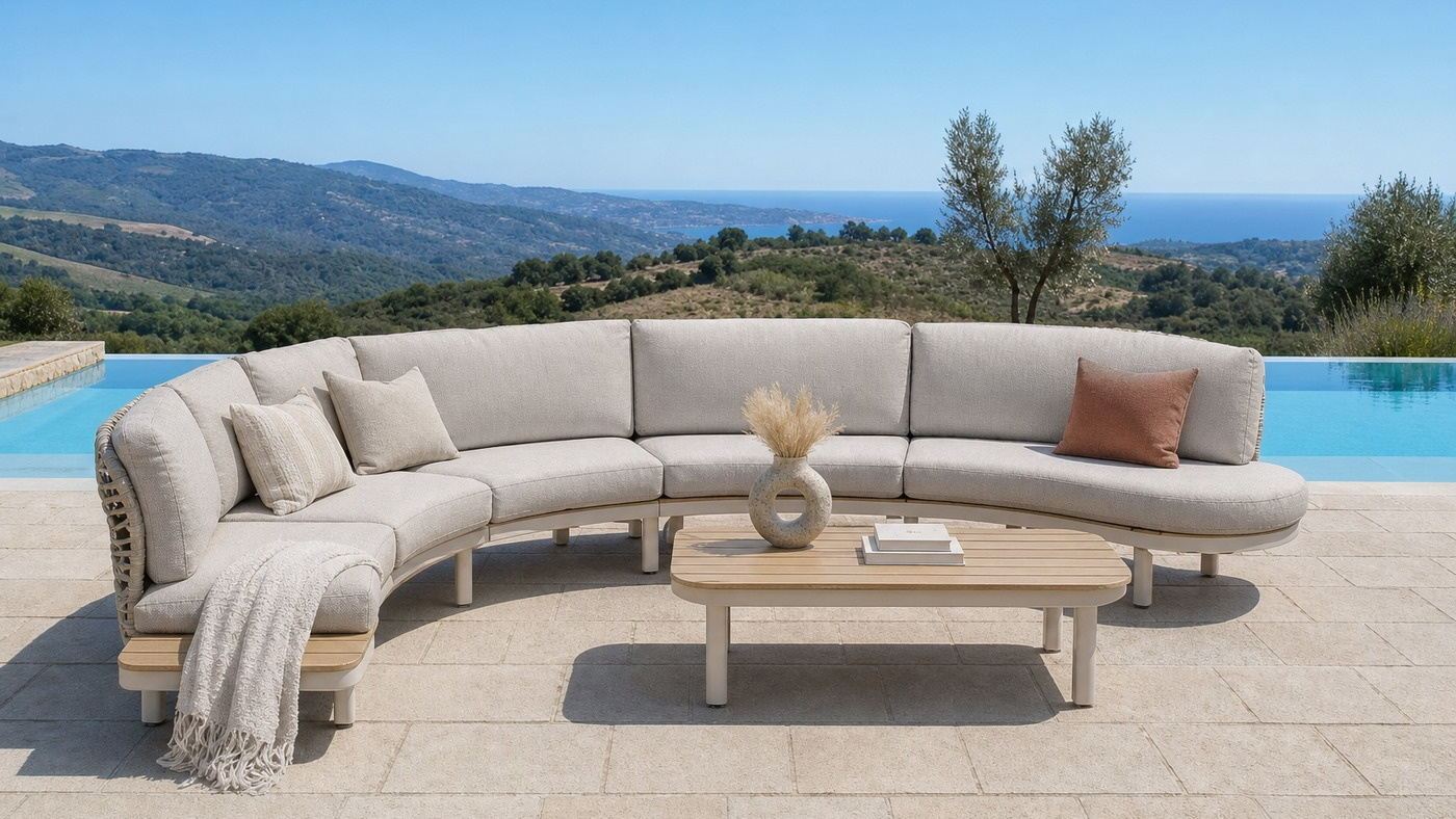 A curved modular outdoor sofa set with cream cushions on a travertine terrace beside an infinity pool, hills and sea beyond