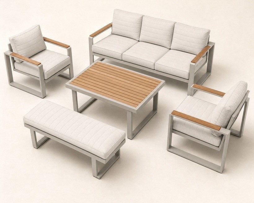 A modular outdoor lounge set with a slatted coffee table