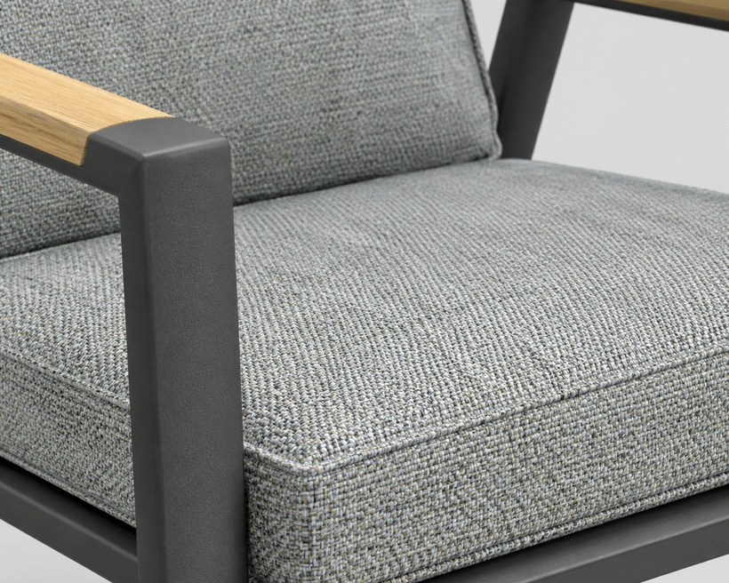 A high-back outdoor dining chair with a wood-look armrest