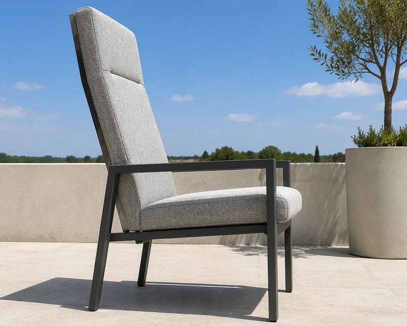 A rectangular section steel frame outdoor dining armchair