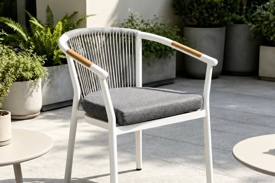A matt white round tube outdoor armchair with teak armrest boards and a rope back, on a terrace