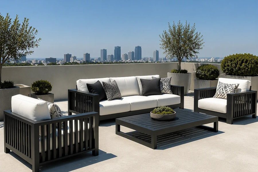 An outdoor lounge set with ivory white cushions, charcoal frame and patterned scatter cushions, on a terrace above a city