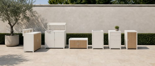 Modular Outdoor Kitchen | Aluminium Cabinets with Rock Plate Countertops, Sink, Grill and Bar Units for Terraces and Pool Decks