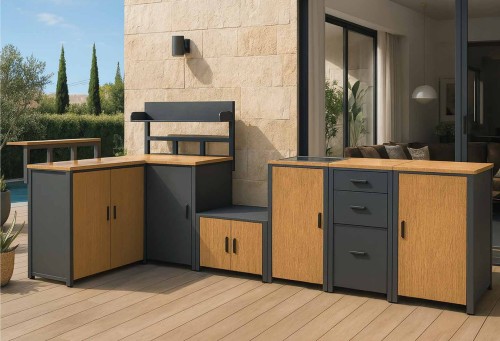 Modular Outdoor Kitchen | Aluminium Cabinets with Rock Plate Countertops, Sink, Grill and Bar Units for Terraces and Pool Decks