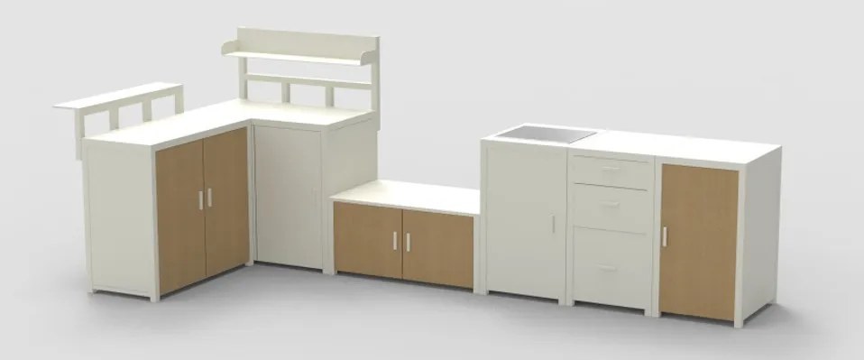 The full outdoor kitchen set in white with tan doors and white rock plate countertops
