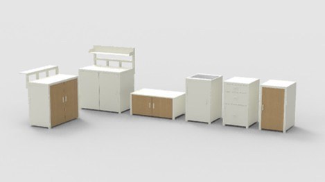 The outdoor kitchen units shown separately: bar, tall cabinet, low table, sink, drawer unit and storage