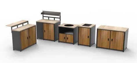 The outdoor kitchen in dark grey with teak fronts, including the round grill unit