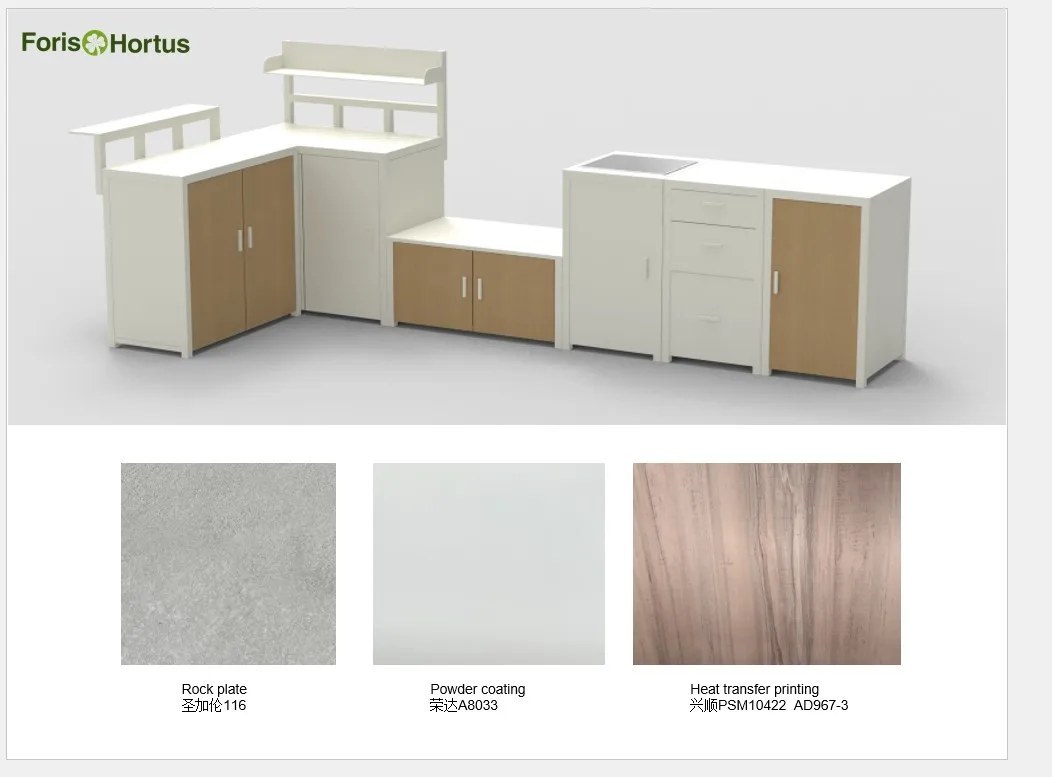 The outdoor kitchen shown with its three surface options: rock plate, powder coating and HPL wood colour