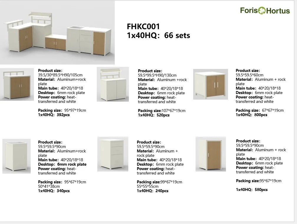 Specification sheet listing every outdoor kitchen unit with its size, material and packing