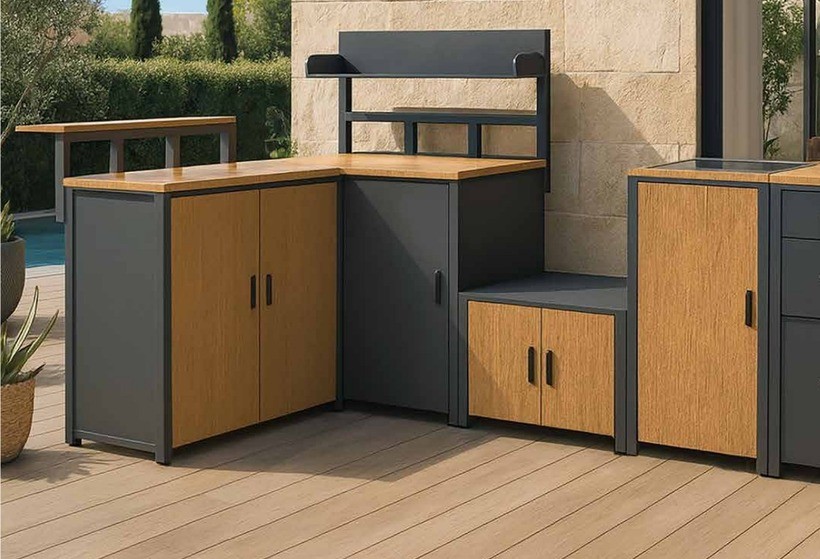 Corner unit and bar unit in the dark grey and teak finish