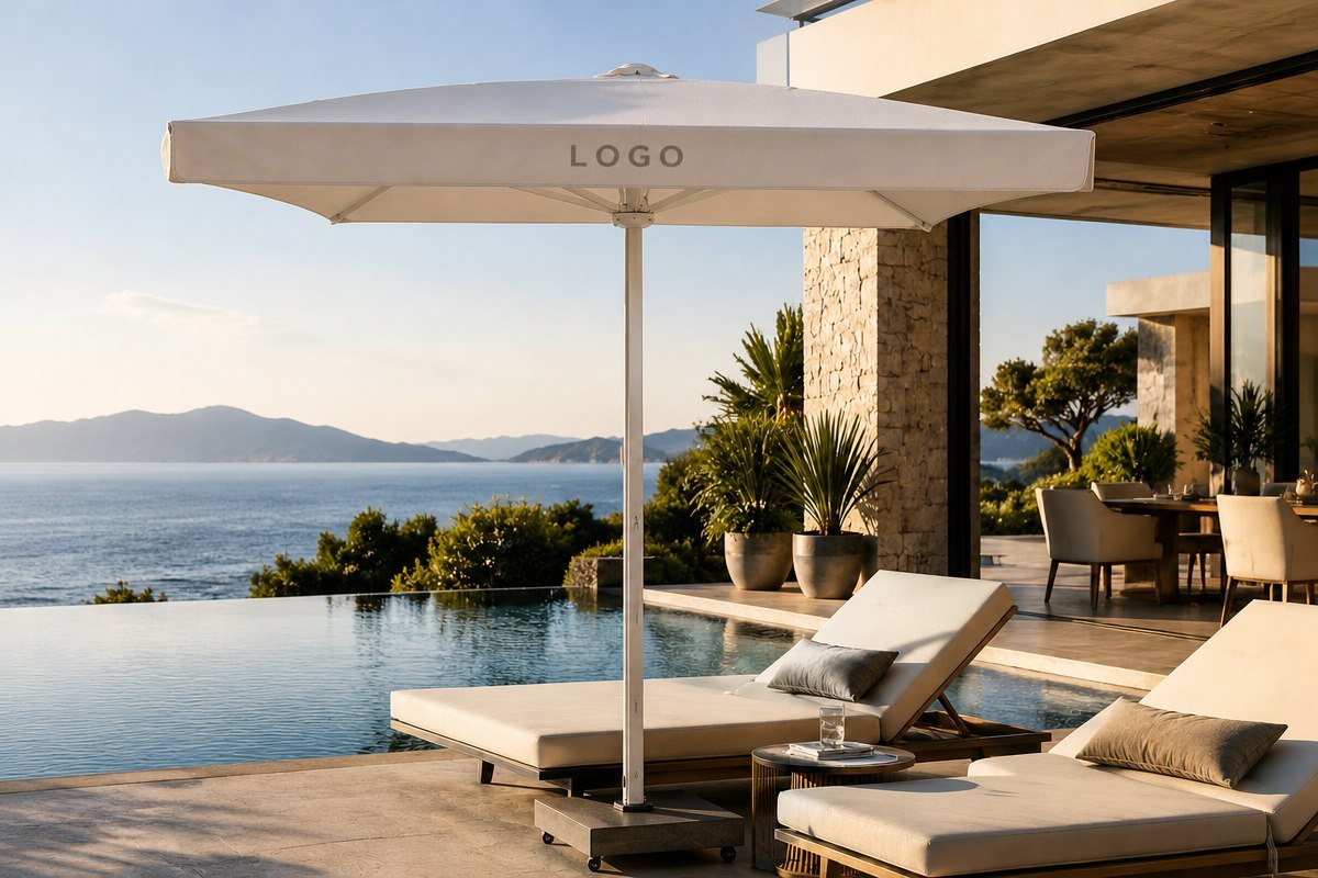 The placeholder word LOGO printed along the hanging valance of a white commercial umbrella canopy on a poolside terrace