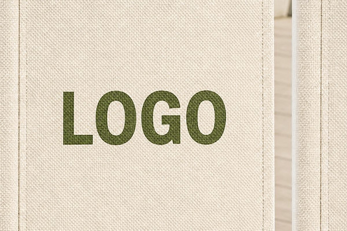 The placeholder word LOGO silk screen printed on a woven umbrella canopy, seen close up so the weave shows through the ink