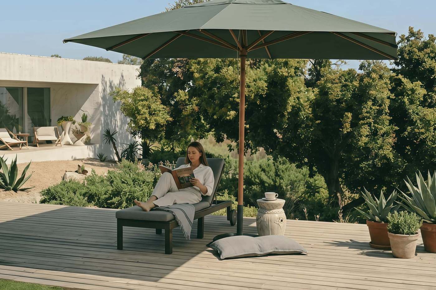 A guest reading on a lounger under a large green market umbrella on a timber deck beside a low concrete house
