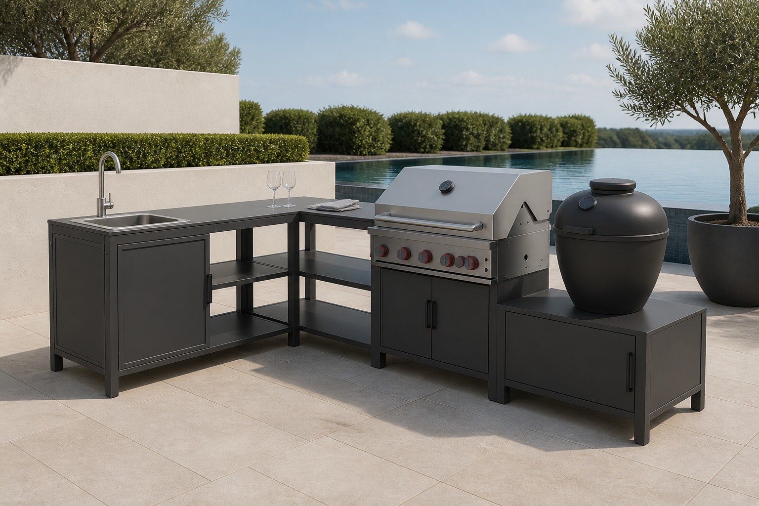 Four aluminium outdoor kitchen units arranged as an L-shaped run on a stone terrace beside a pool and clipped olive trees