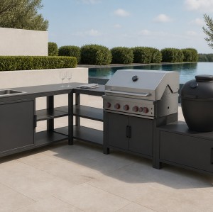 Modular Outdoor Kitchen | Four Aluminium Units with Rock Plate Tops: Sink Cabinet, Storage Table, Barbecue and Corner Units
