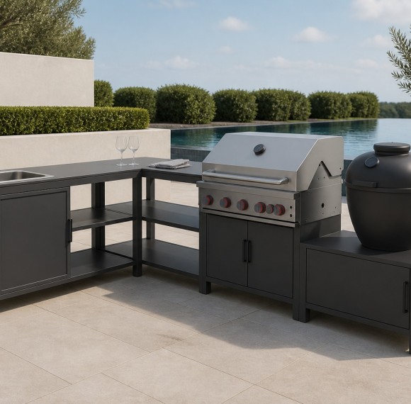 Modular Outdoor Kitchen | Four Aluminium Units with Rock Plate Tops: Sink Cabinet, Storage Table, Barbecue and Corner Units
