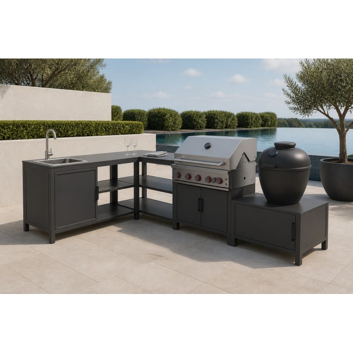 Modular Outdoor Kitchen | Four Aluminium Units with Rock Plate Tops: Sink Cabinet, Storage Table, Barbecue and Corner Units