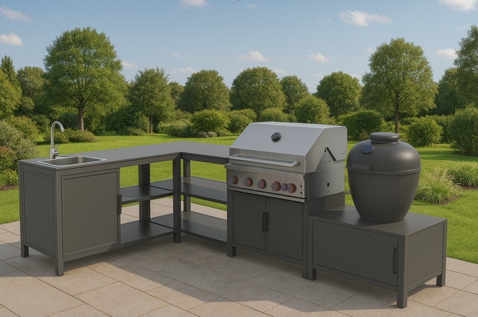 Sink cabinet of an aluminium outdoor kitchen with a low corner cabinet on a paved terrace in front of a lawn