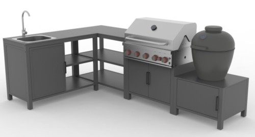 Modular Outdoor Kitchen | Four Aluminium Units with Rock Plate Tops: Sink Cabinet, Storage Table, Barbecue and Corner Units