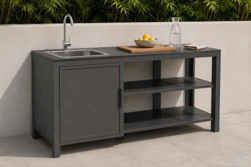 Modular Outdoor Kitchen | Four Aluminium Units with Rock Plate Tops: Sink Cabinet, Storage Table, Barbecue and Corner Units