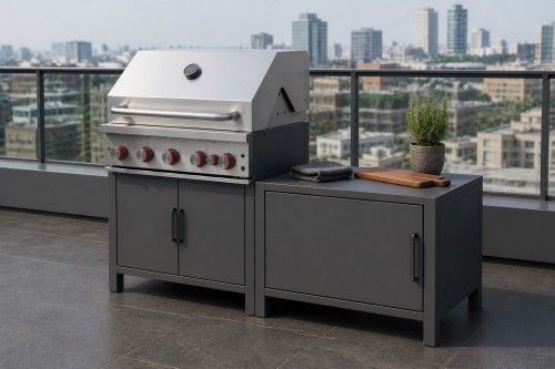 Modular Outdoor Kitchen | Four Aluminium Units with Rock Plate Tops: Sink Cabinet, Storage Table, Barbecue and Corner Units