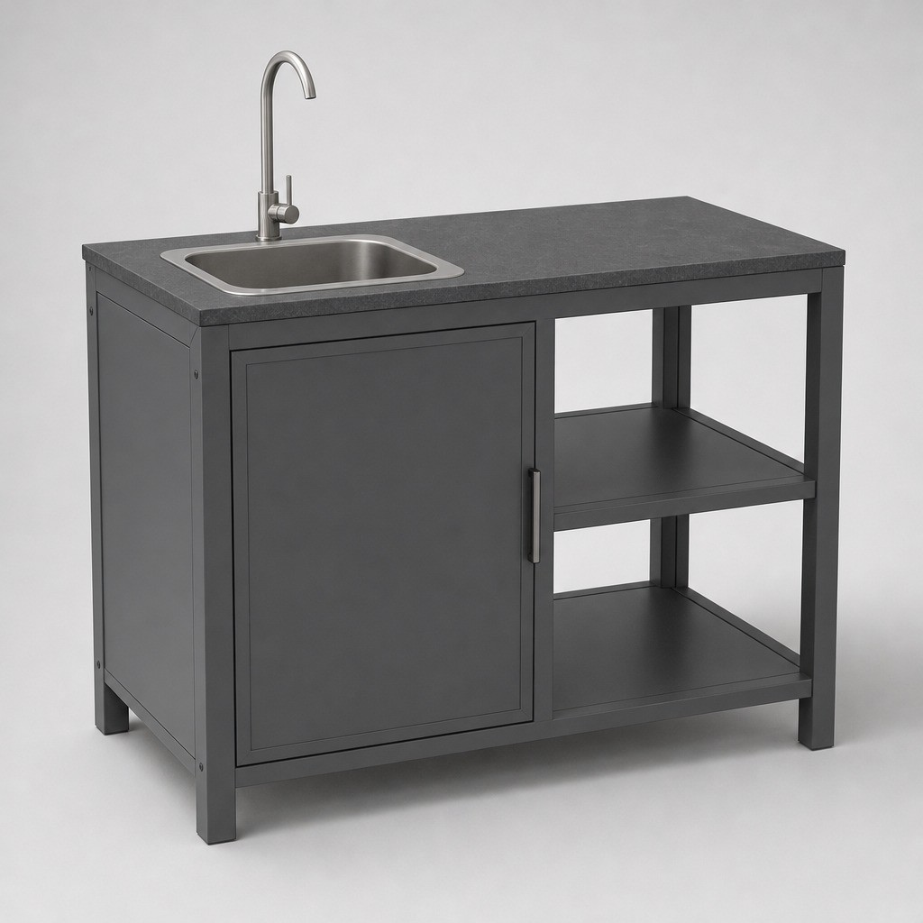 Sink cabinet unit of an aluminium outdoor kitchen with a door on the left half and two open shelves on the right, and a drop-in basin set into the countertop