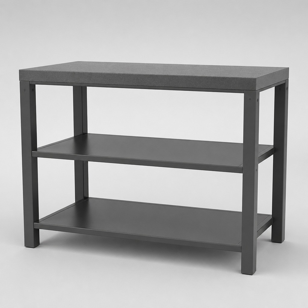 Open storage table unit of an aluminium outdoor kitchen with two shelves, a rock plate countertop and no door