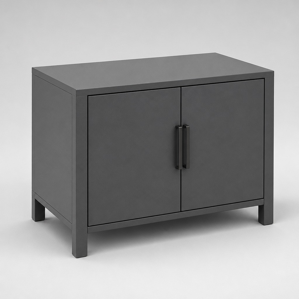 Double door barbecue cabinet unit of an aluminium outdoor kitchen with a plain aluminium top