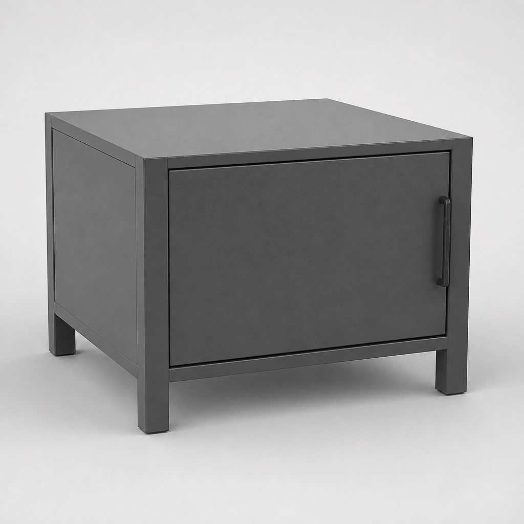 Low single door corner cabinet unit of an aluminium outdoor kitchen with a plain aluminium top