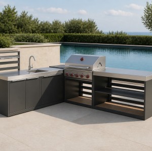 Modular Outdoor Kitchen | Aluminium or Galvanised Steel Units with Brushed Stainless Steel Worktops and Composite Shelf Boards