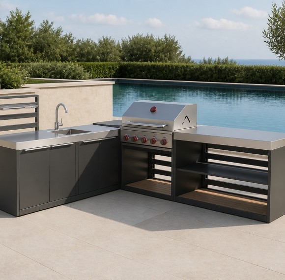 Modular Outdoor Kitchen | Aluminium or Galvanised Steel Units with Brushed Stainless Steel Worktops and Composite Shelf Boards